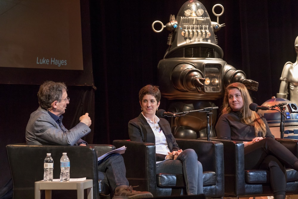 gannon and admoni, two roboticists, interviewed at a live event in pittsburgh