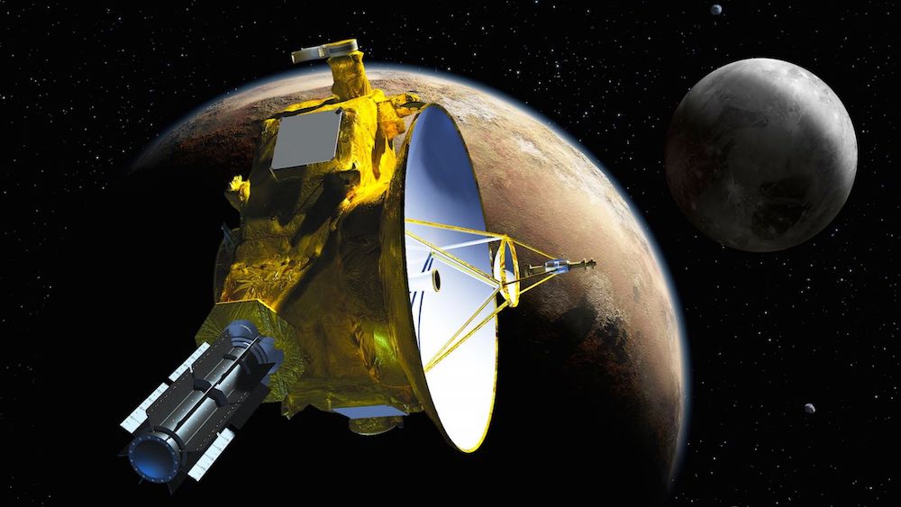 the spacecraft with pluto and its moon charon in the background