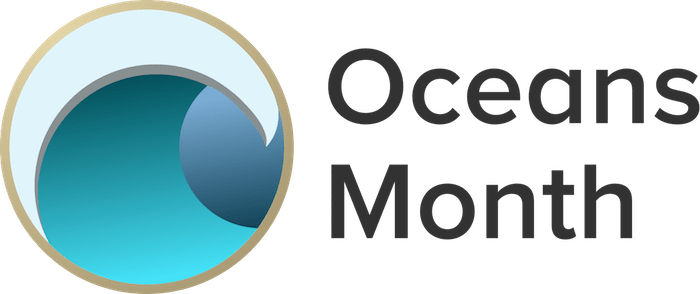 icon of wave with words "oceans month" next to it