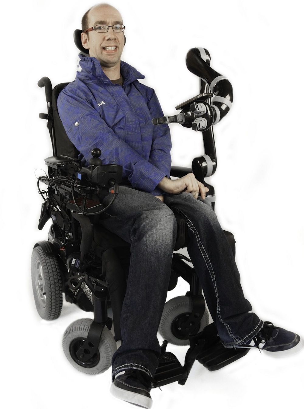 man in wheelchair with assistive robot