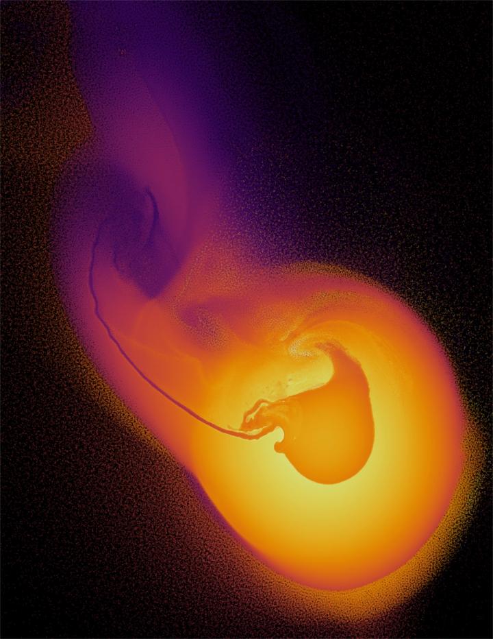 an bright orange yellow blob resembling uranus with a purple tail end