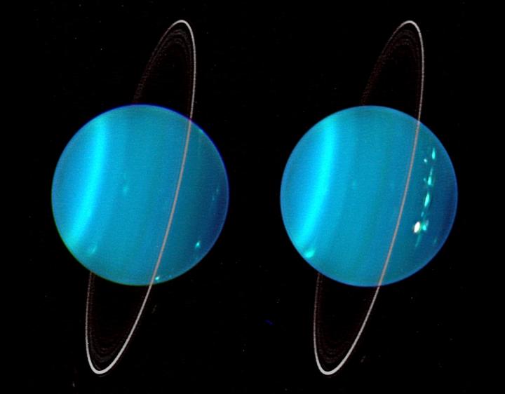 two blue spheres each with rings, both resembling the planet uranus