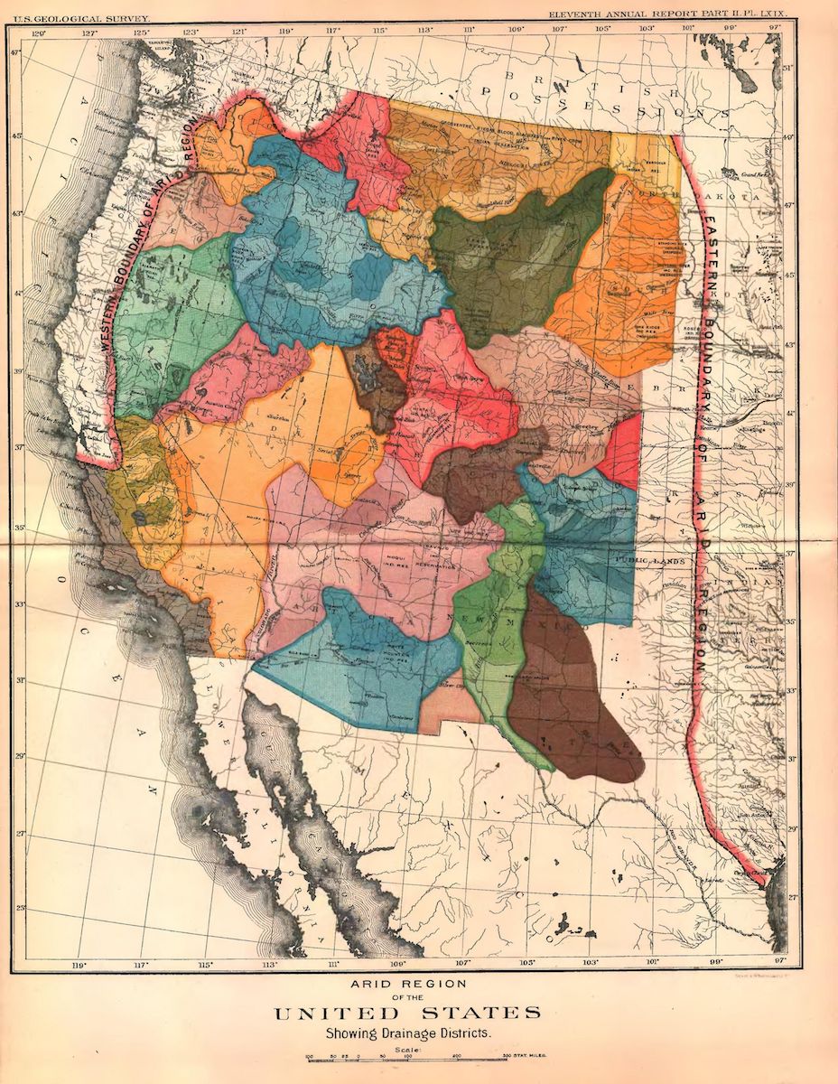 a colorful illustrated map of the western united states, which each colored region resembling a section divided off based on watersheds