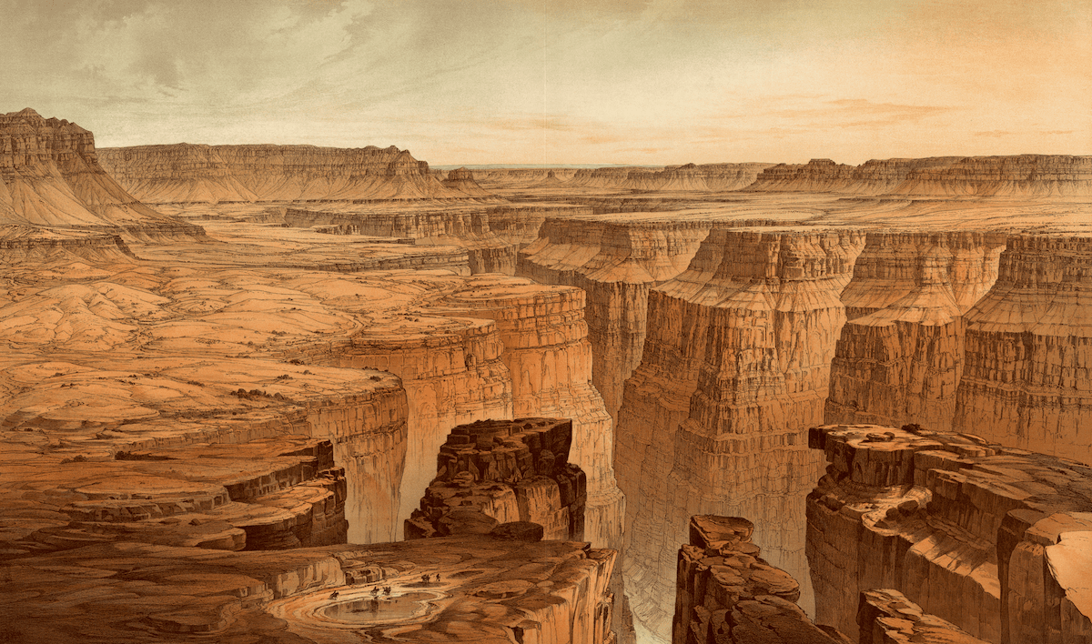 an illustrated orange colored panel of the grand canyon, with the canyon winding like snake