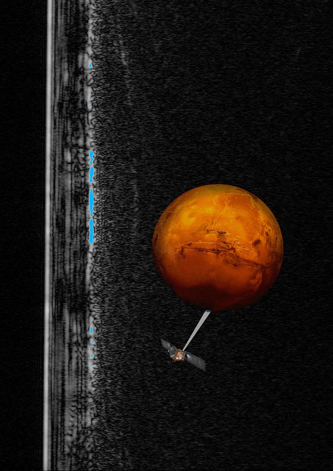 A diagram of Mars Express scanning the planet's south pole for water