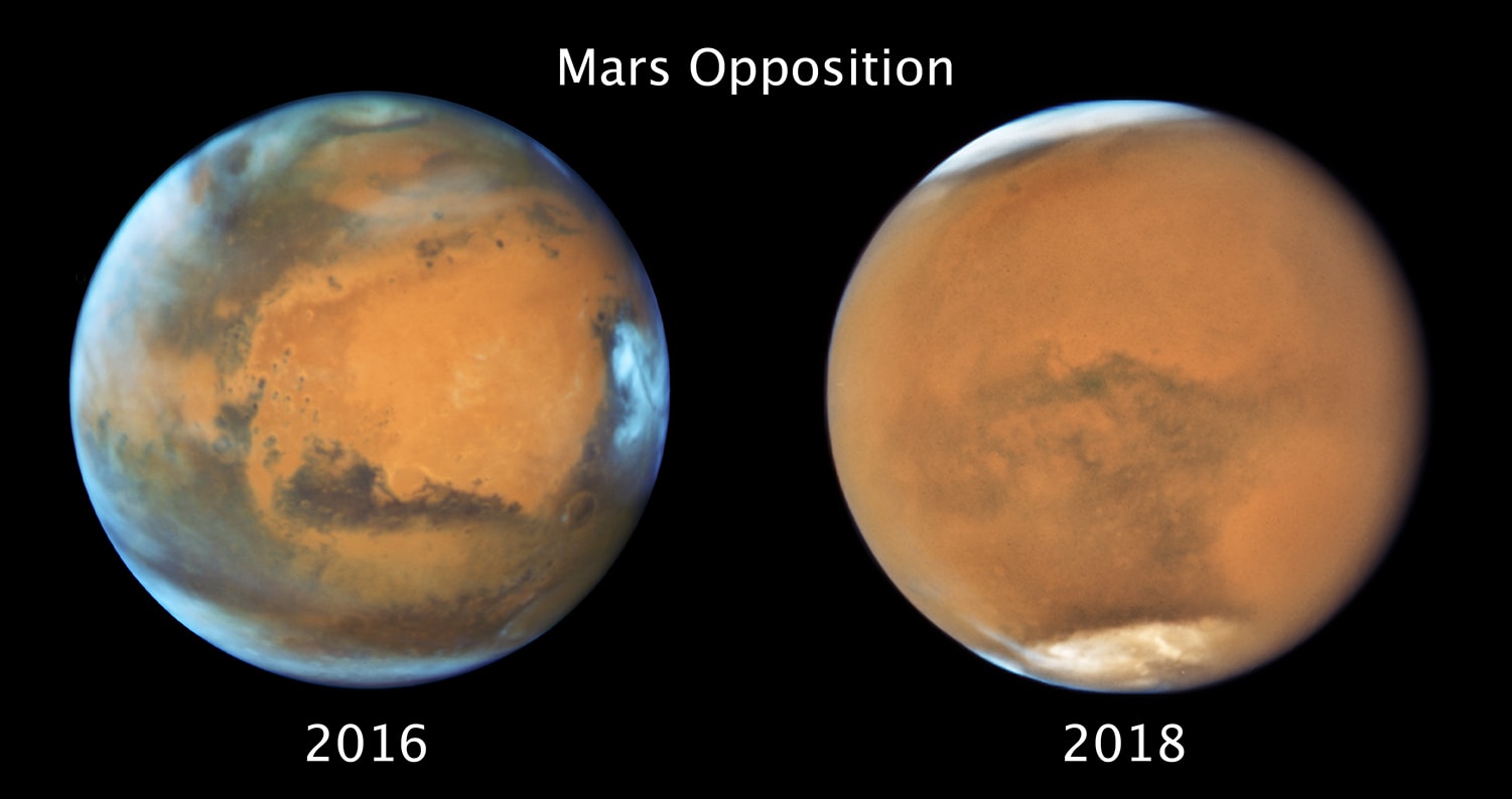 Two images of Mars, taken two years apart. One is clear, the other has a massive dust storm.