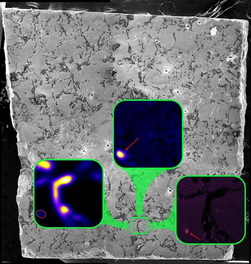 an imperfect square material with cracks on the surface. there are three zoomed in images that represent a small part of the square. in the three images are hotspots indicating the fission elements