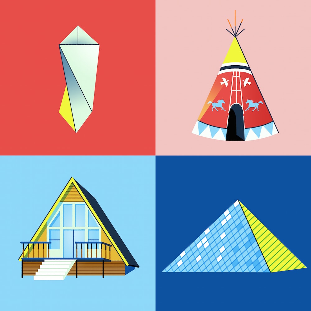 four illustrations of structures made using triangular shapes, such as a pyramid and a teepee