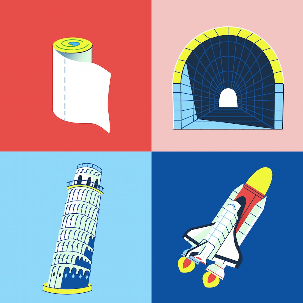 four illustrations of using cylinders to build structures such as a rocket and the leaning tower of pisa