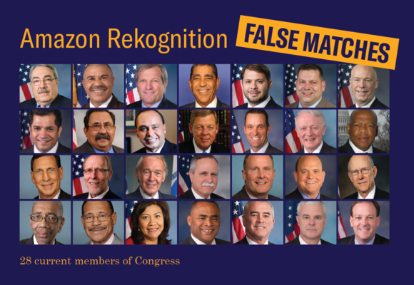 headshots of 28 members of congress with text "Amazon Rekognition; False Matches; 28 current members of congress"