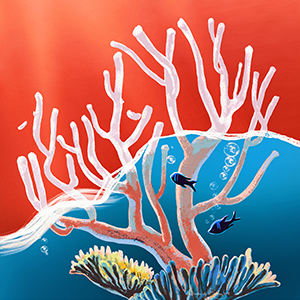 an illustration of a coral half submerged in water, one half in color, and one half bleached