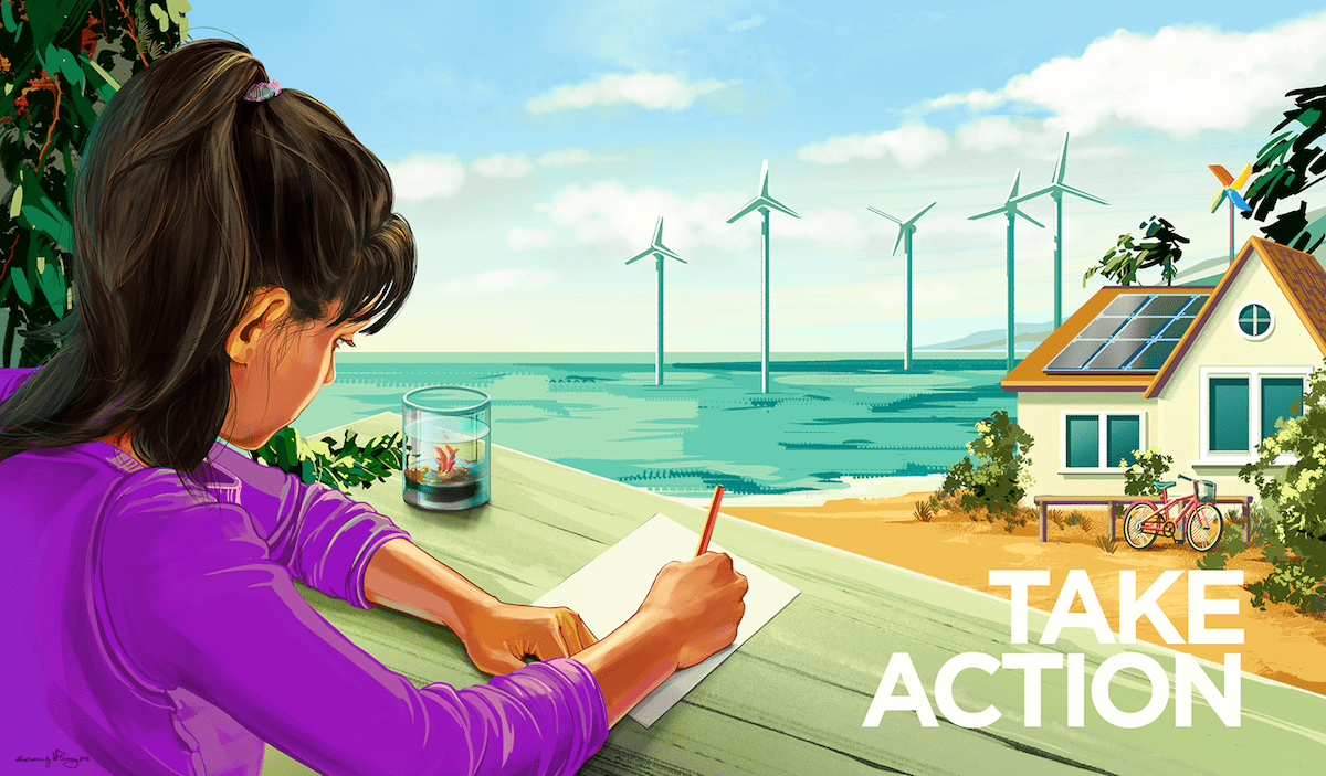 girl on bench with paper and pencil outside overlooking house with solar panel, ocean, and windmills in ocean