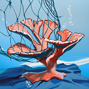 illustration of piece of coral getting wrapped by a net