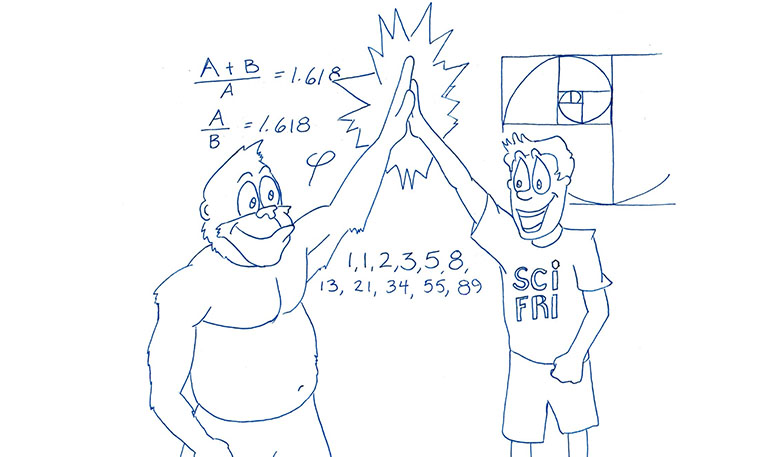 A gorilla and human in a Science Friday t-shirt giving each other high-fives in front of information about the Fibonacci Sequence