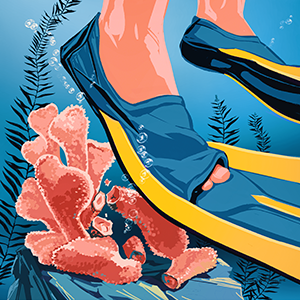 illustration of coral getting crushed by human with flippers