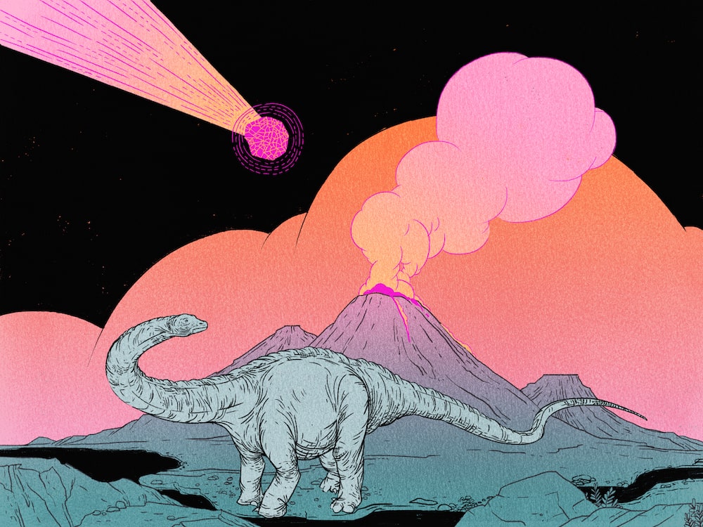 illustration for the undiscovered podcast of a long-necked dinosaur looking at erupting volcano as a meteor flies overhead