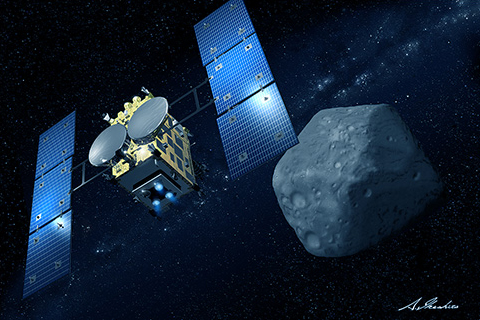 a computer rendering of a satellite next to an asteroid