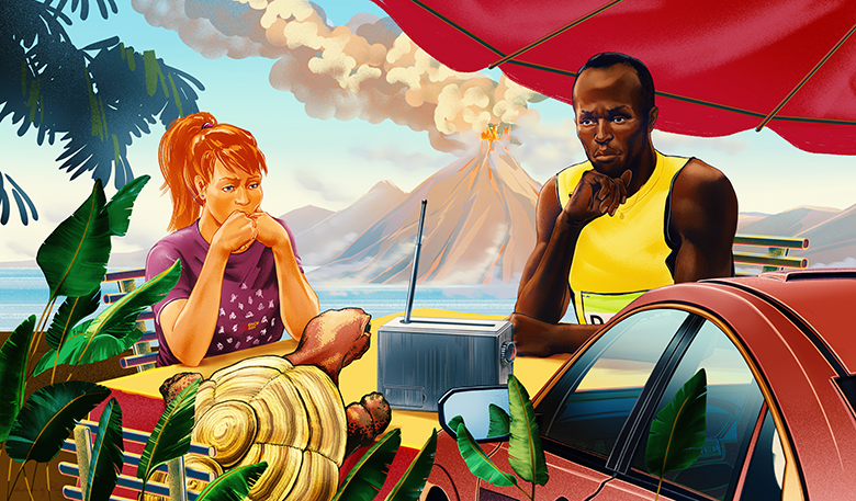 A tortoise, girl, Usain Bolt, and car sitting around a table as a volcano erupts in the background