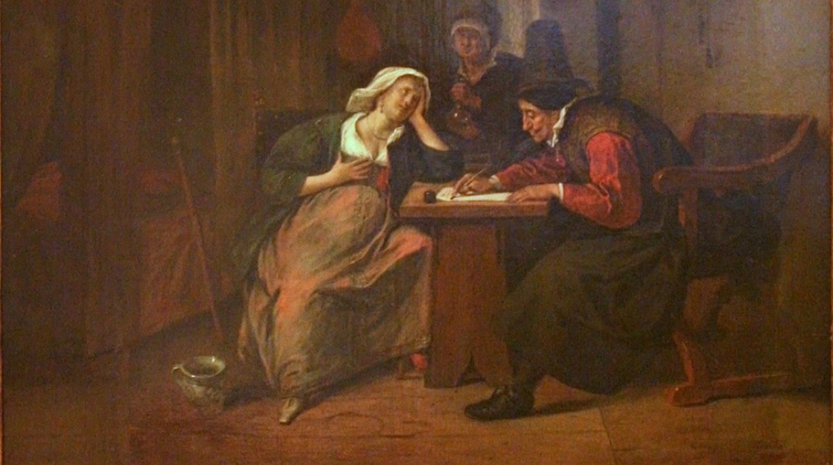 A cropped photo of a painting showing a 17th century pregnant woman and her doctor
