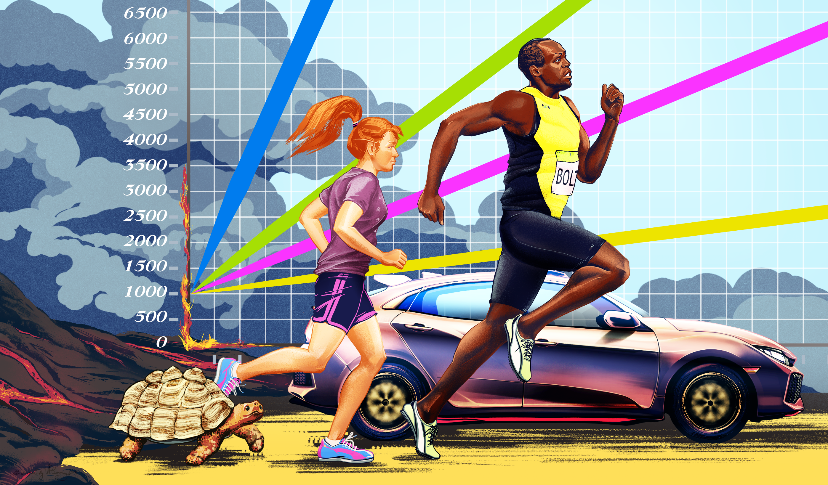 A tortoise, girl, Usain Bolt, and a car drive away from lava in front of a background of a graph.