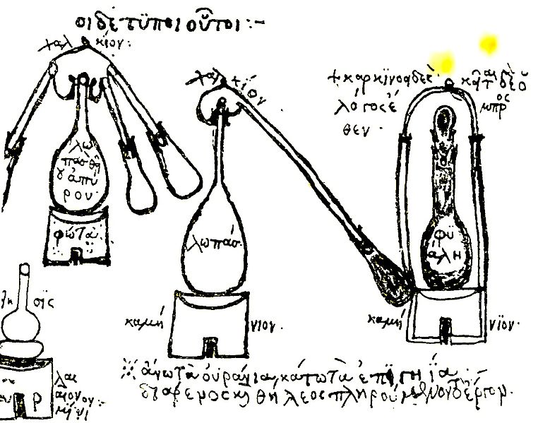 black and white sketch of flask and still. 