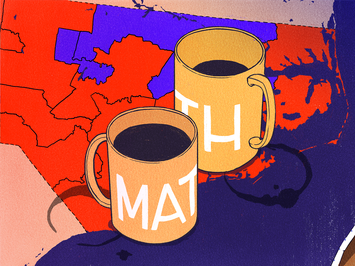 a drawing of two coffee mugs that say math, on top of a map of North Carolina's congressional districts