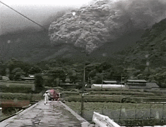 Pyroclastic flow coming down a mountainside 