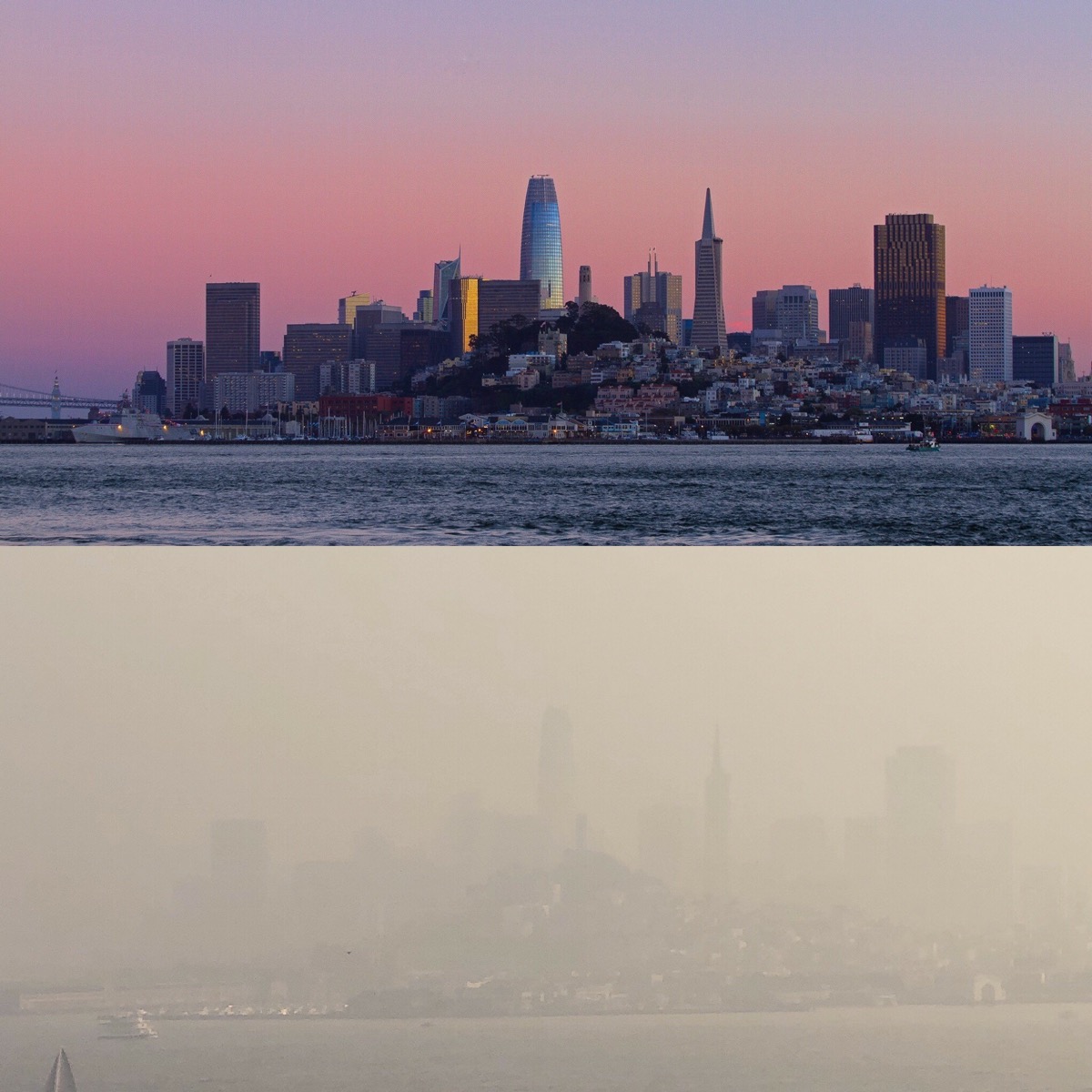 two images, on top, a clear day of downtown san francisco, on bottom, the skyscrapers are barely visible due to smoke