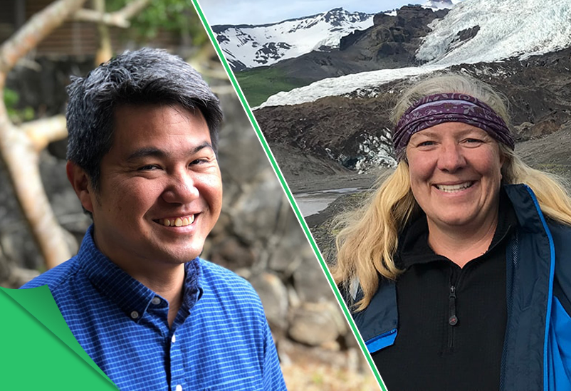 a cross cut image, with an asian male on the left and a white woman on the right standing in front of mountains. there is a green peel in the left corner