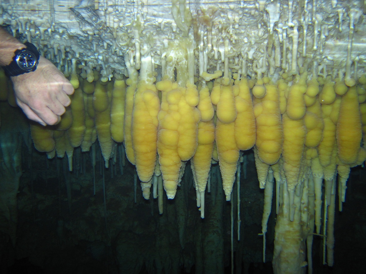 underwater photo of man holding up his fist against against cylindrical stalactite