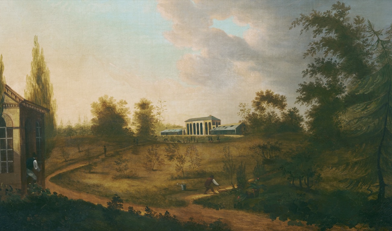 oil painting of the elgin botanic garden at sunset, with a white strucuture off in the distance surrounded by agricultural landscape