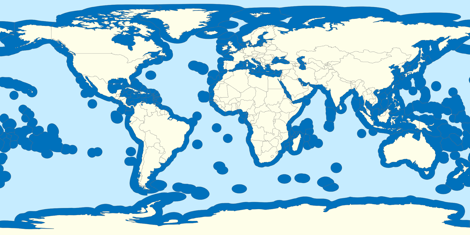 Map of the Earth with dark blue shared around all territories designating them as territorial waters