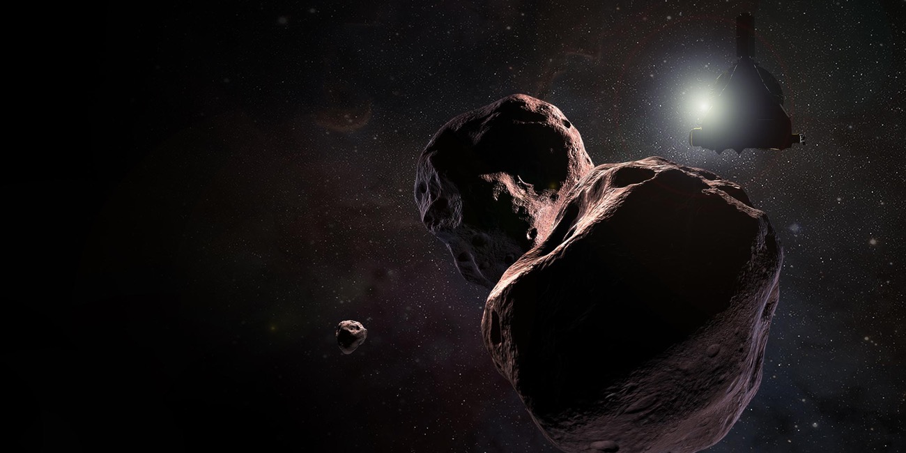 the new horizons spacecraft sillouheted against the sun approaching three large asteroids