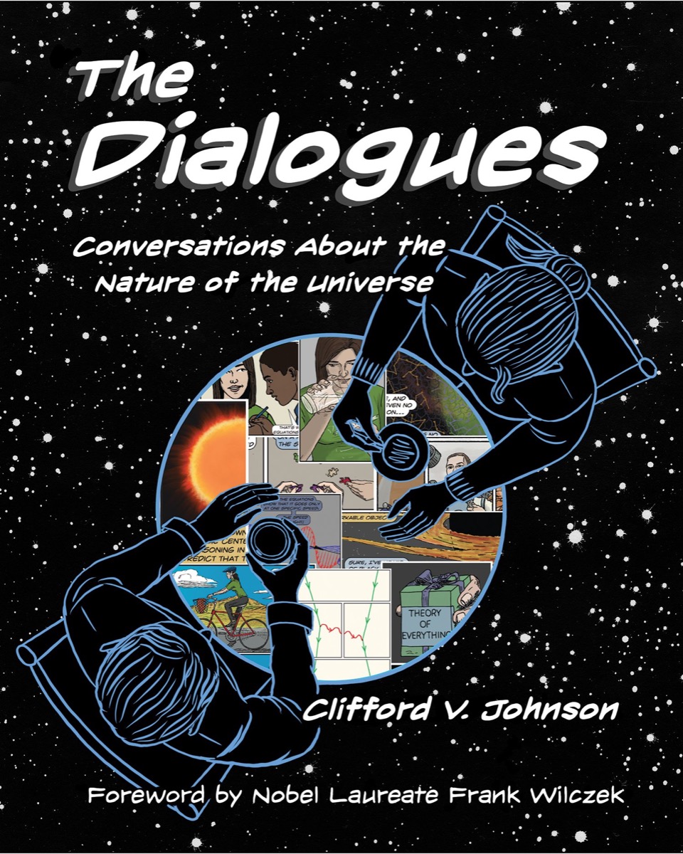 an illustrated book cover of two people sitting across from eacher with multiple science concepts overlaid on the table in front of them. the text says "the dialogues: conversations about the nature of the universe"