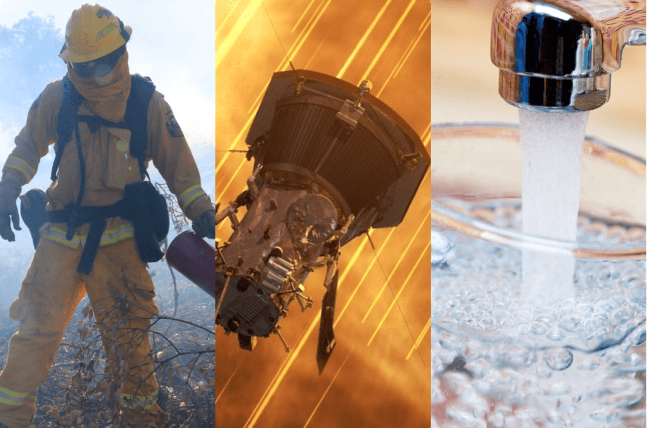 three images of a fireman, a satellite against a fiery background, and a faucet pouring water into a glass