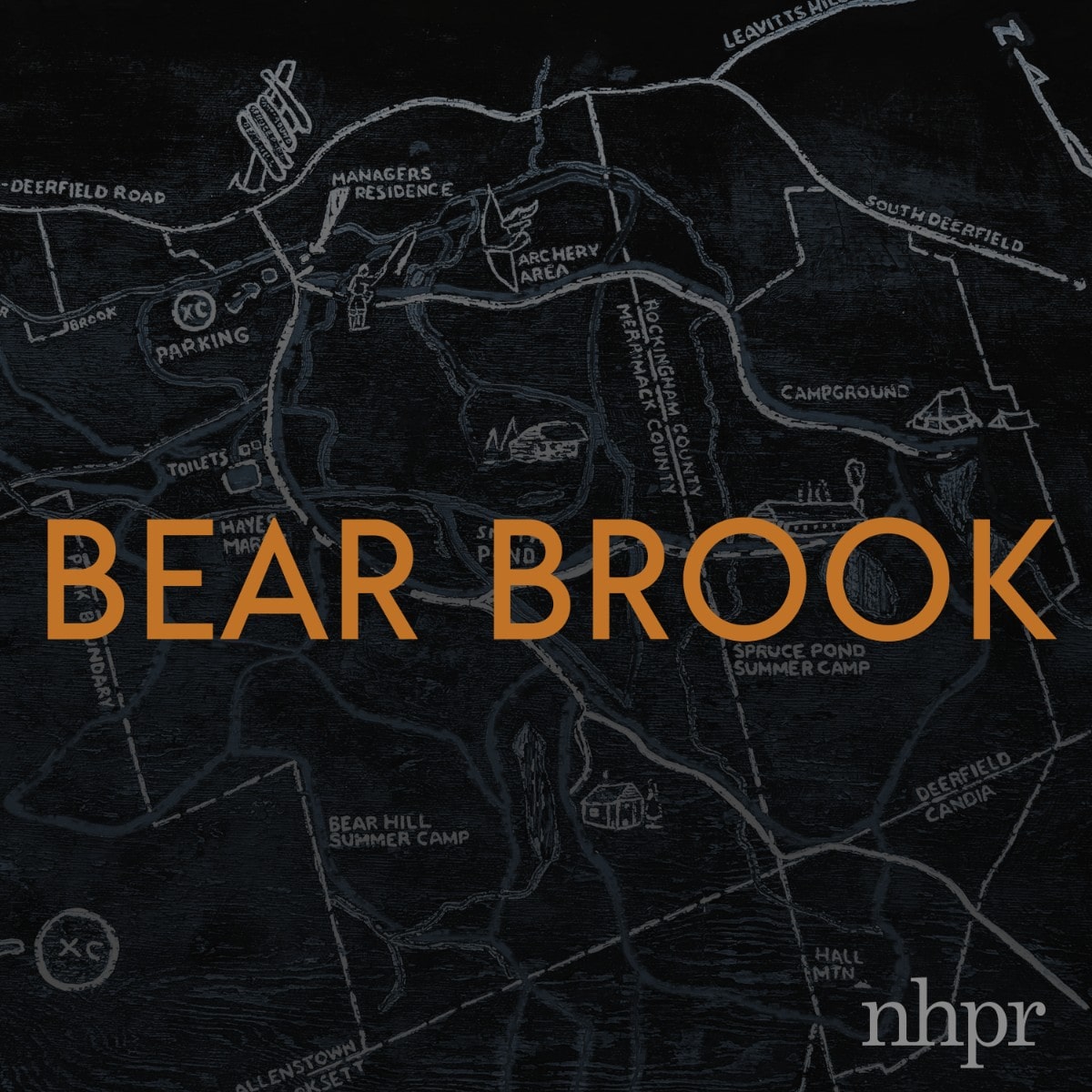 the logo of the "bear brook" podcast which states the title in orange on top of an illustrated gray map on a black background