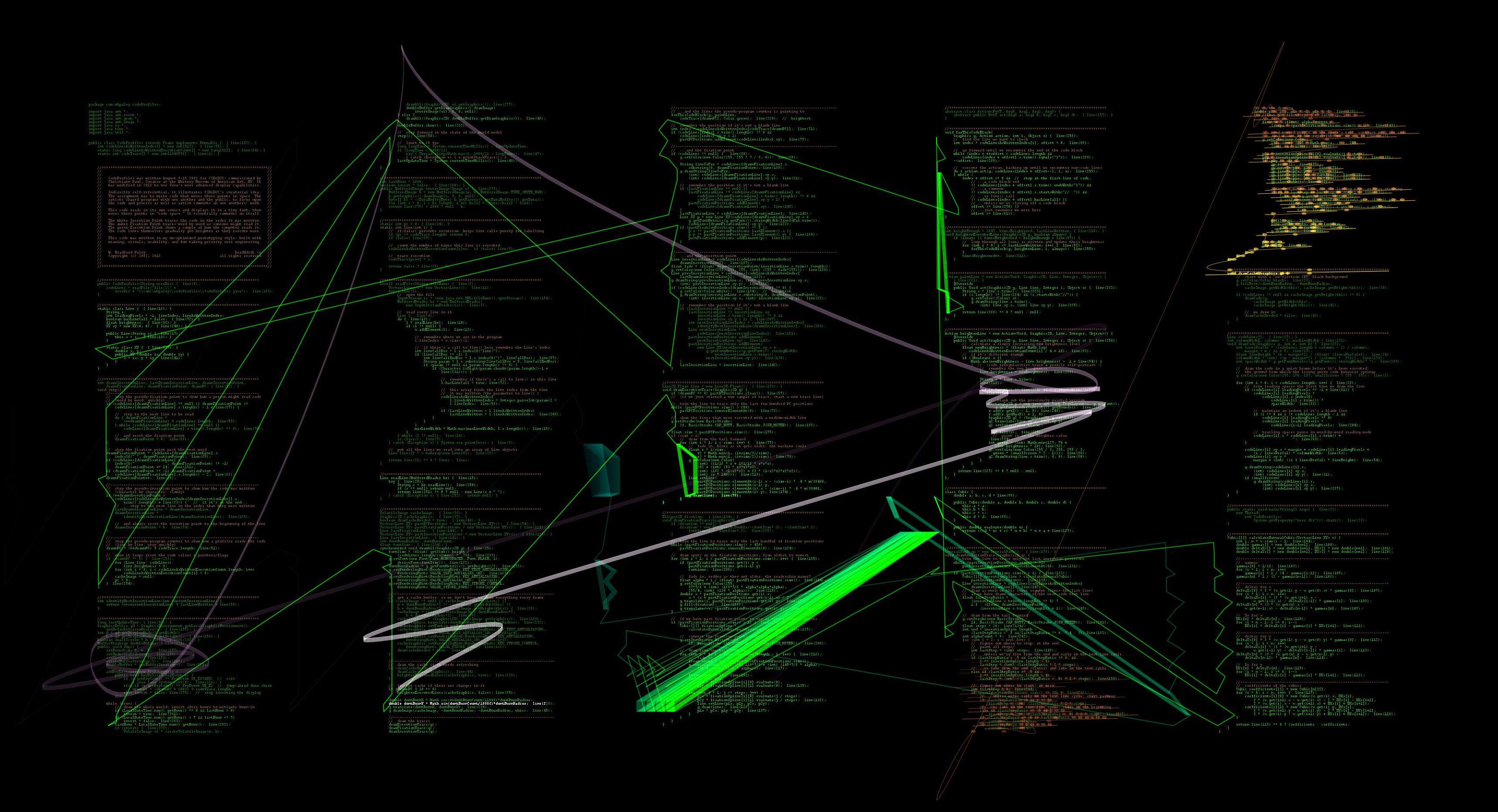 five columns comprised of many lines of code and drawn over that are lines that represent eye movements, the lines are different colors to represent people of different areas of expertise