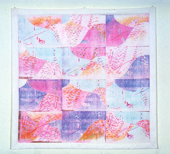 a piece comprised of 12 3x4 squares, each with abstract shapes in pastel colors, mostly pink and blue