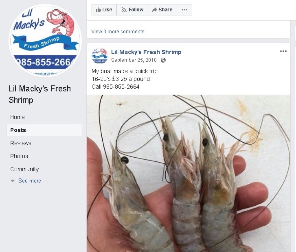 a screenshot of a facebook post that shows shrimp that is being advertised