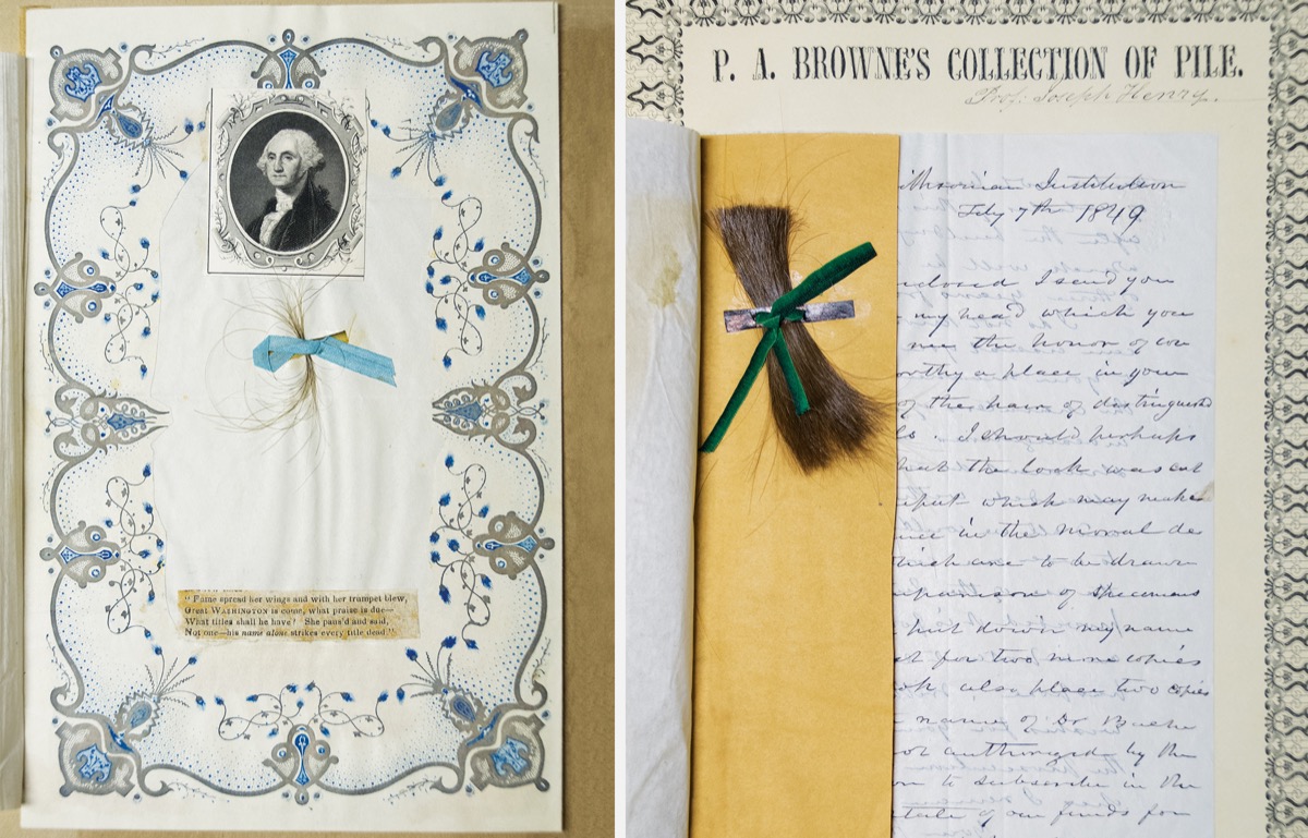 On the left, a lock of George Washington's hair, alongside an engraving of him. On the right, another dignitary's hair.