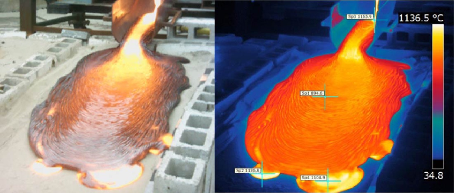 two photos side by side of the same image of a lava flow. one is taken under natural light and the other shows it in bright orange under infrared