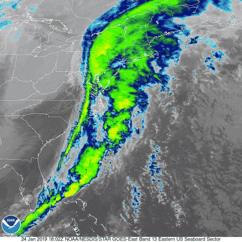 an animation of radar of clouds and precipitation moving across the east coast of the united states. the clouds are bright neon green and blue