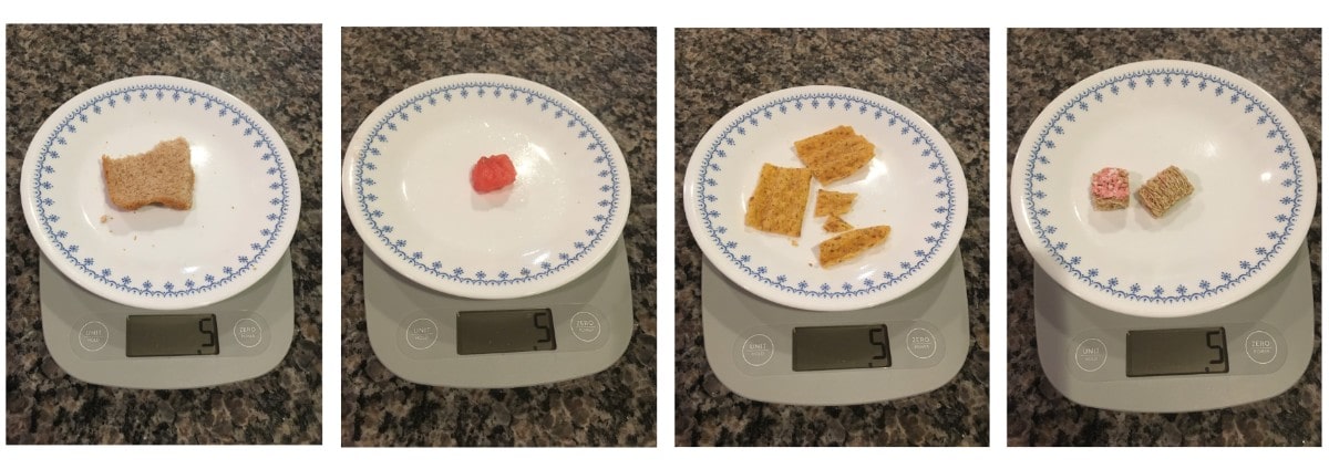 four photos of a plate on a scale with different types and amounts of food. each type of food still weighs the same amount .5 grams