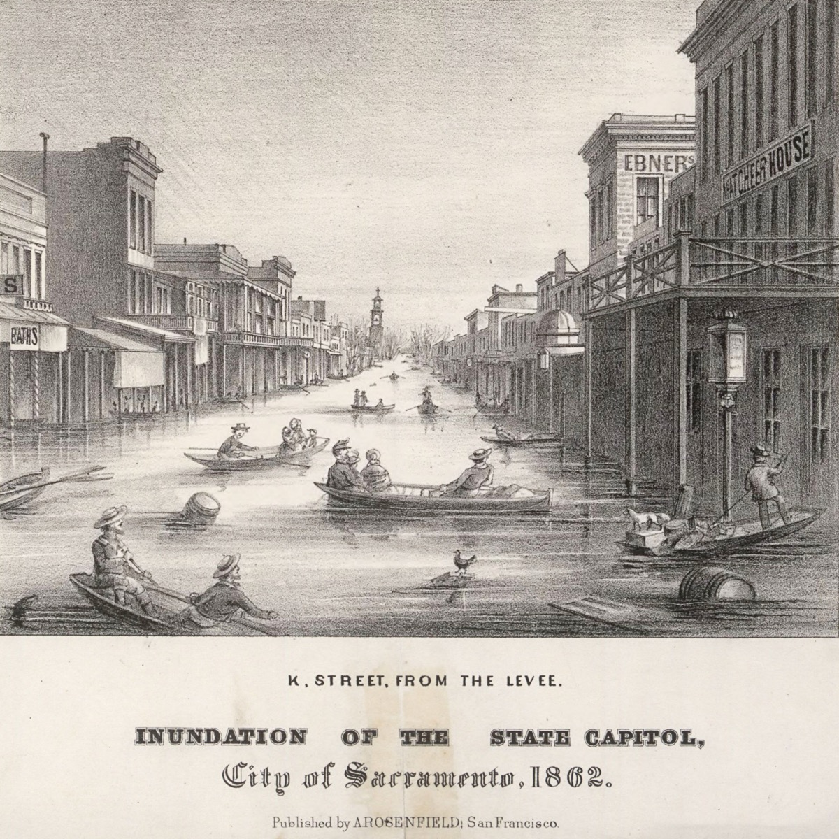 a black and white printed illustration of a flooded street. there are people rowing boats in the flooded street, as well as equipment, barrels, and items floating in the water