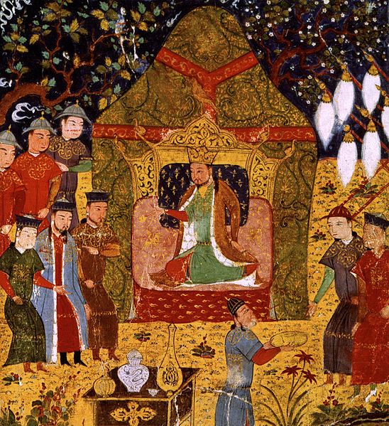 painting with lots of red and gold of khan surrounded by followers on the throne