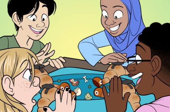 an colored cartoon illustration of four children of different race and gender playing what looks like "Hungry Hippo" but the hippos are larva and they are eating rotten food waste