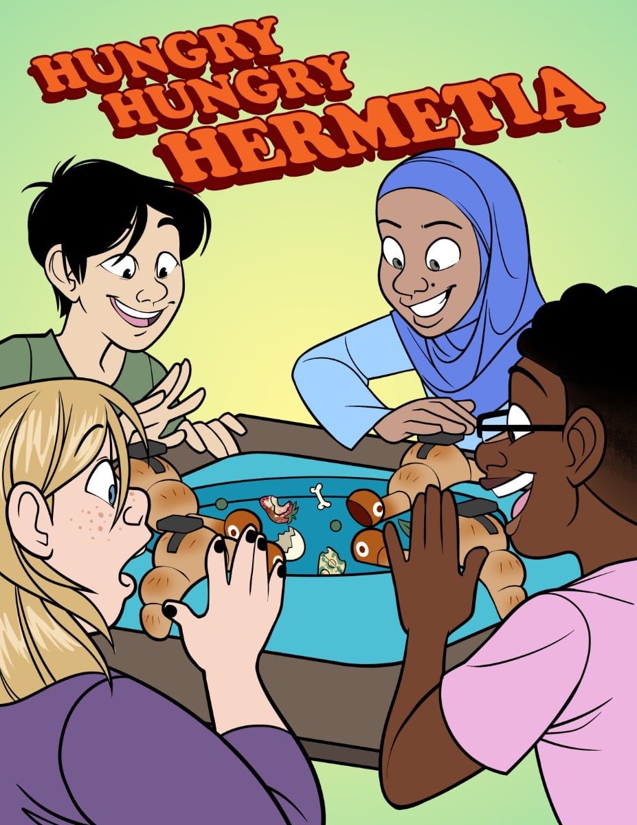 an colored cartoon illustration of four children of different race and gender playing what looks like "Hungry Hippo" but the hippos are larva and they are eating rotten food waste. the title "hungry hungry hermetia" is in the upper left corner in orange