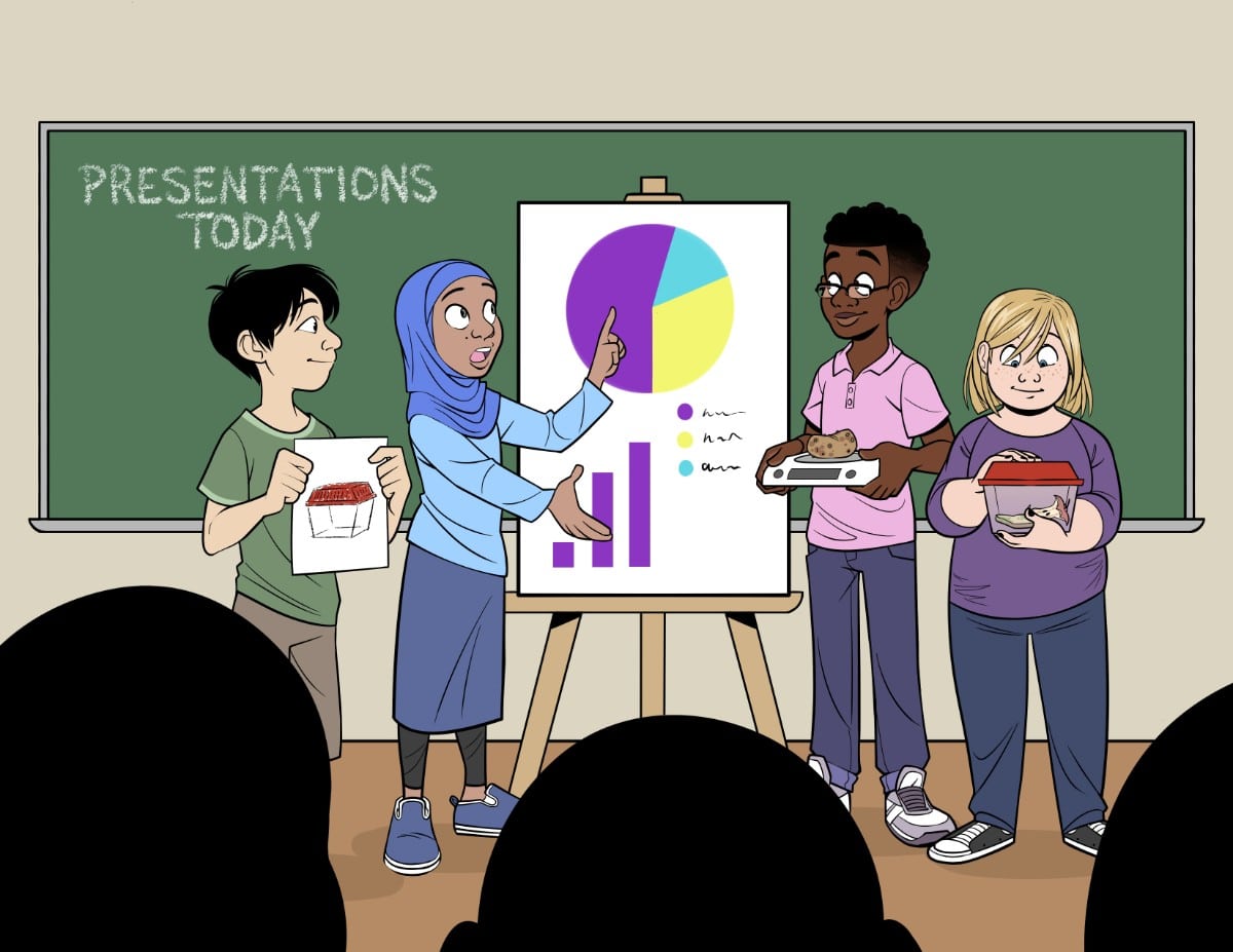 a colored cartoon illustration of four students of different race and gender in front of a blackboard with a board with graphs on it. they are presenting to a class