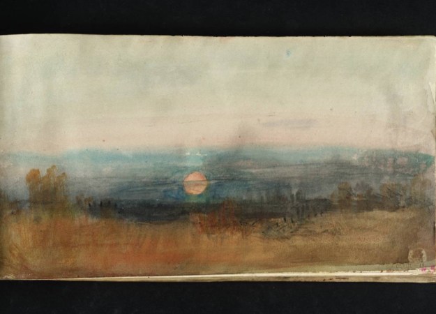 a watercolor painting of a sky, with a reddish sun sinking in the horizon -- a dark gray, blue casts over the sun, making for a gloomy sunset