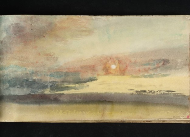 a sunset watercolor painting. the colors a light and orange, with darker tones fading in the horizon. there is a yellowish haze around the sun
